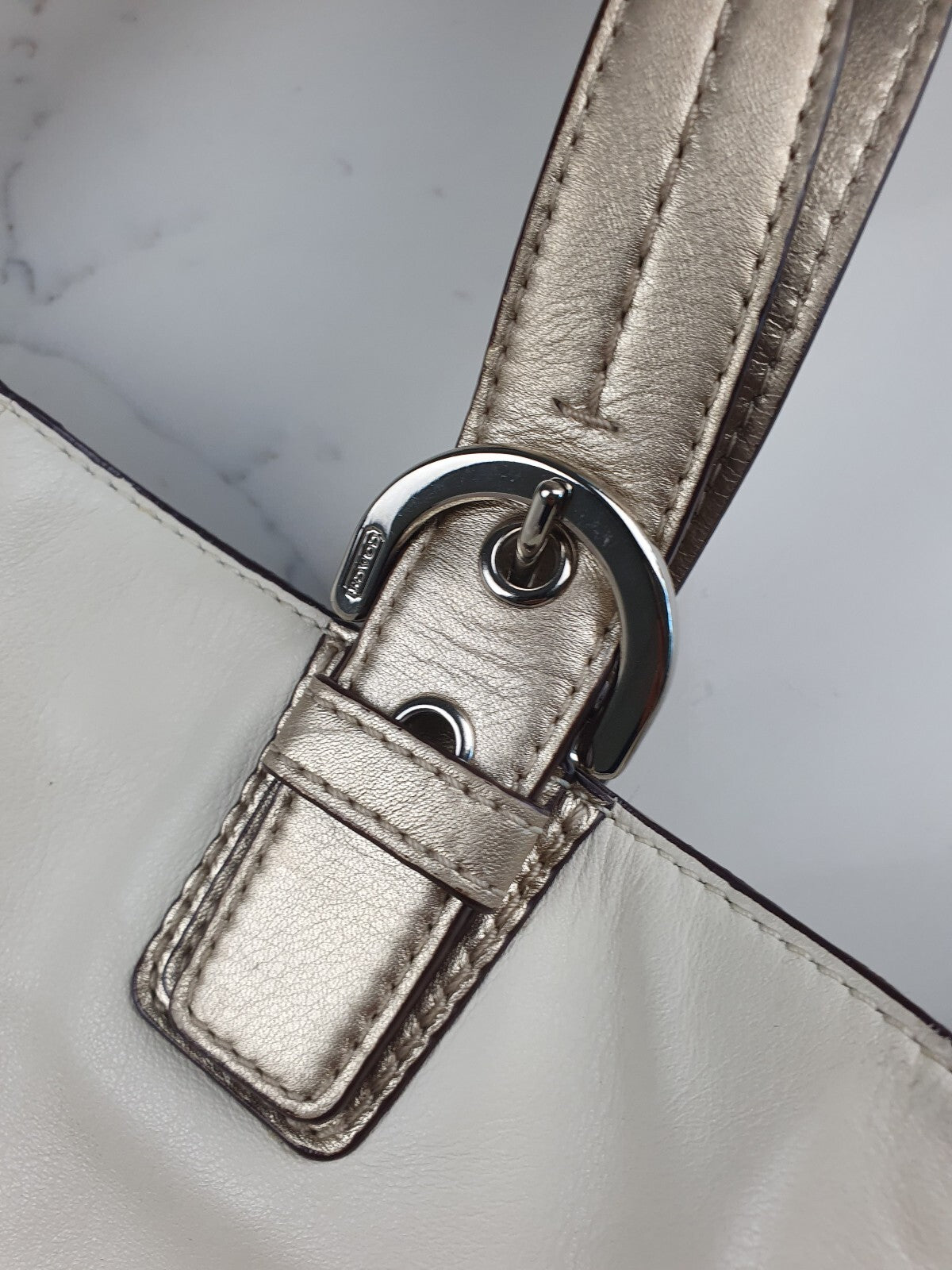 Coach White Leather Tote Bag with Metallic Gold Handles