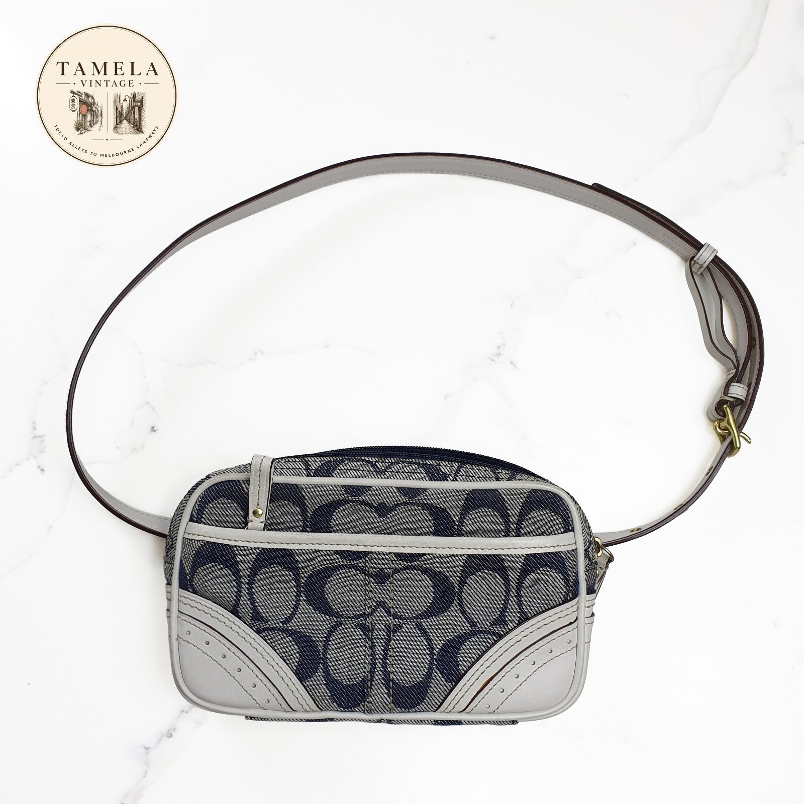 Authentic Coach navy and white belt bag