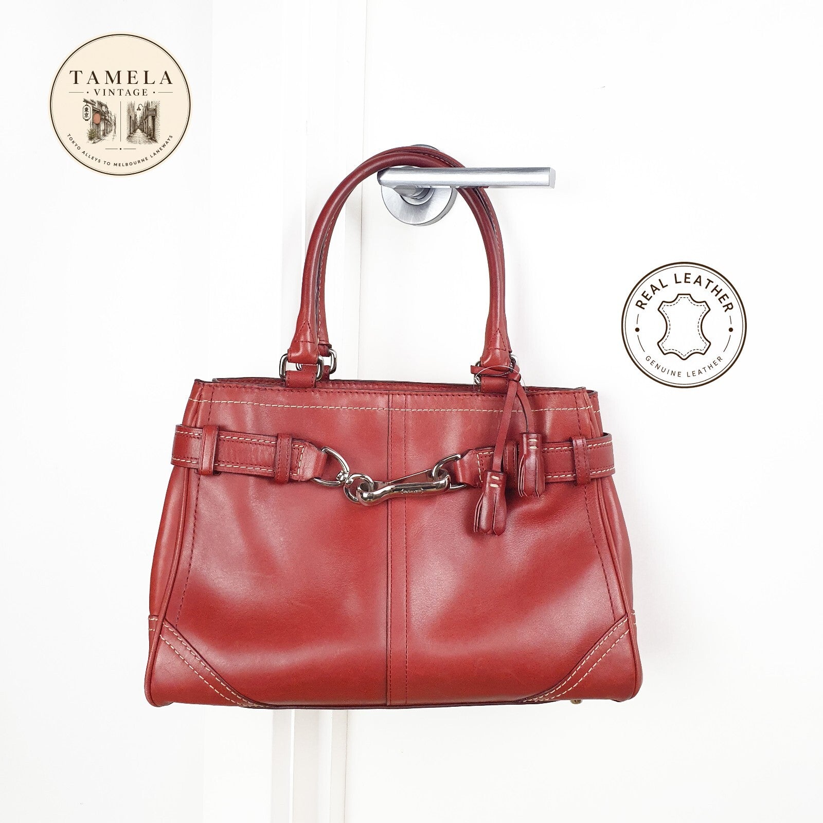 Authentic  COACH F36669 Leather 2WAY Bag Red Handbag