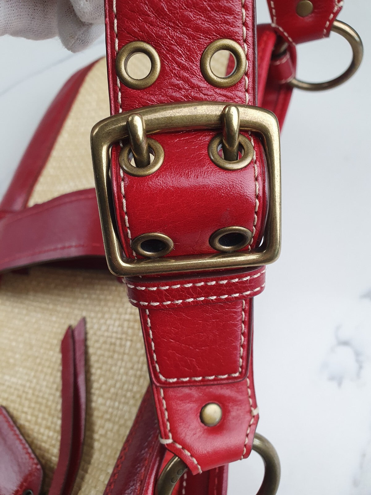 Coach Vintage Red Leather and Straw Shoulder Bag