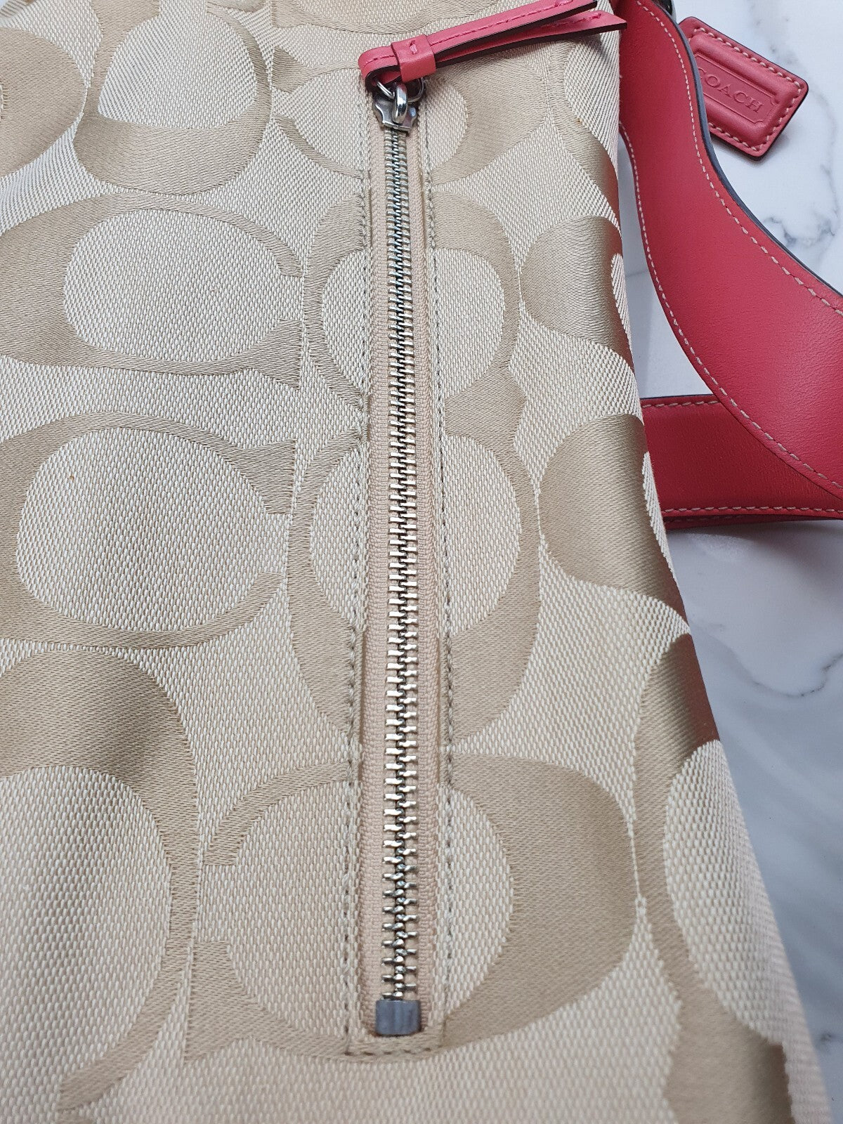 Coach Beige Signature Canvas Shoulder Bag with Pink Leather Trim