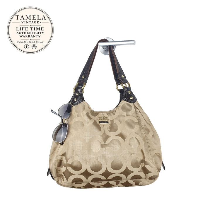 Coach Vintage Beige Signature Shoulder Bag with Brown Leather Handles