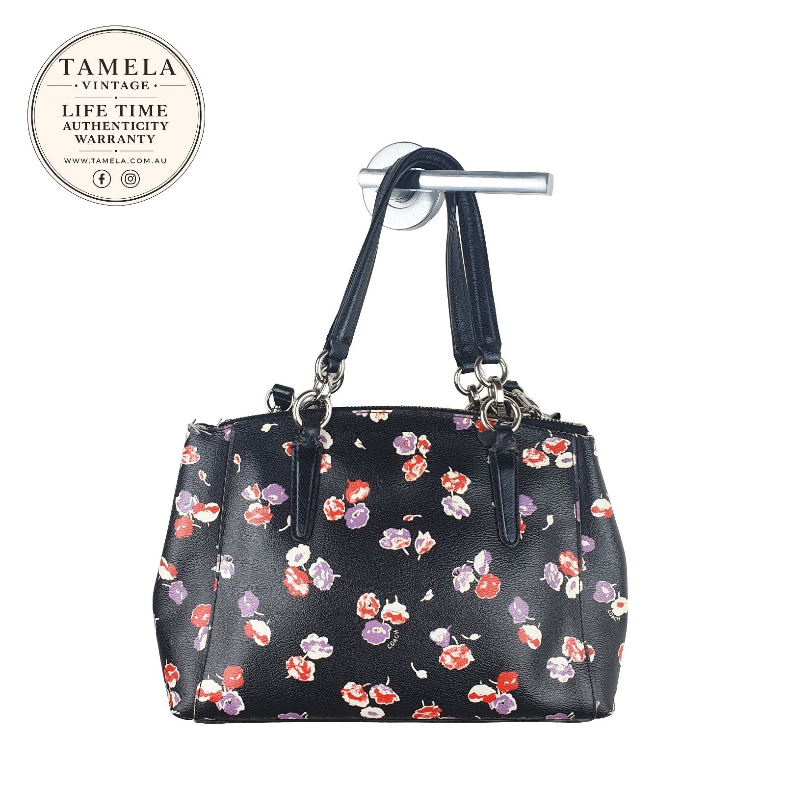 Vintage Coach Black Floral Shoulder Bag with Silver Hardware