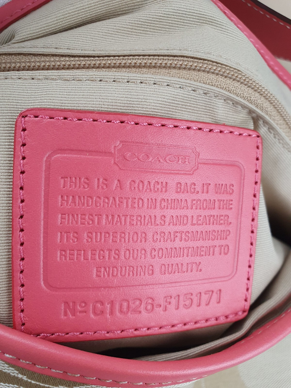 Coach Beige Signature Canvas Shoulder Bag with Pink Leather Trim