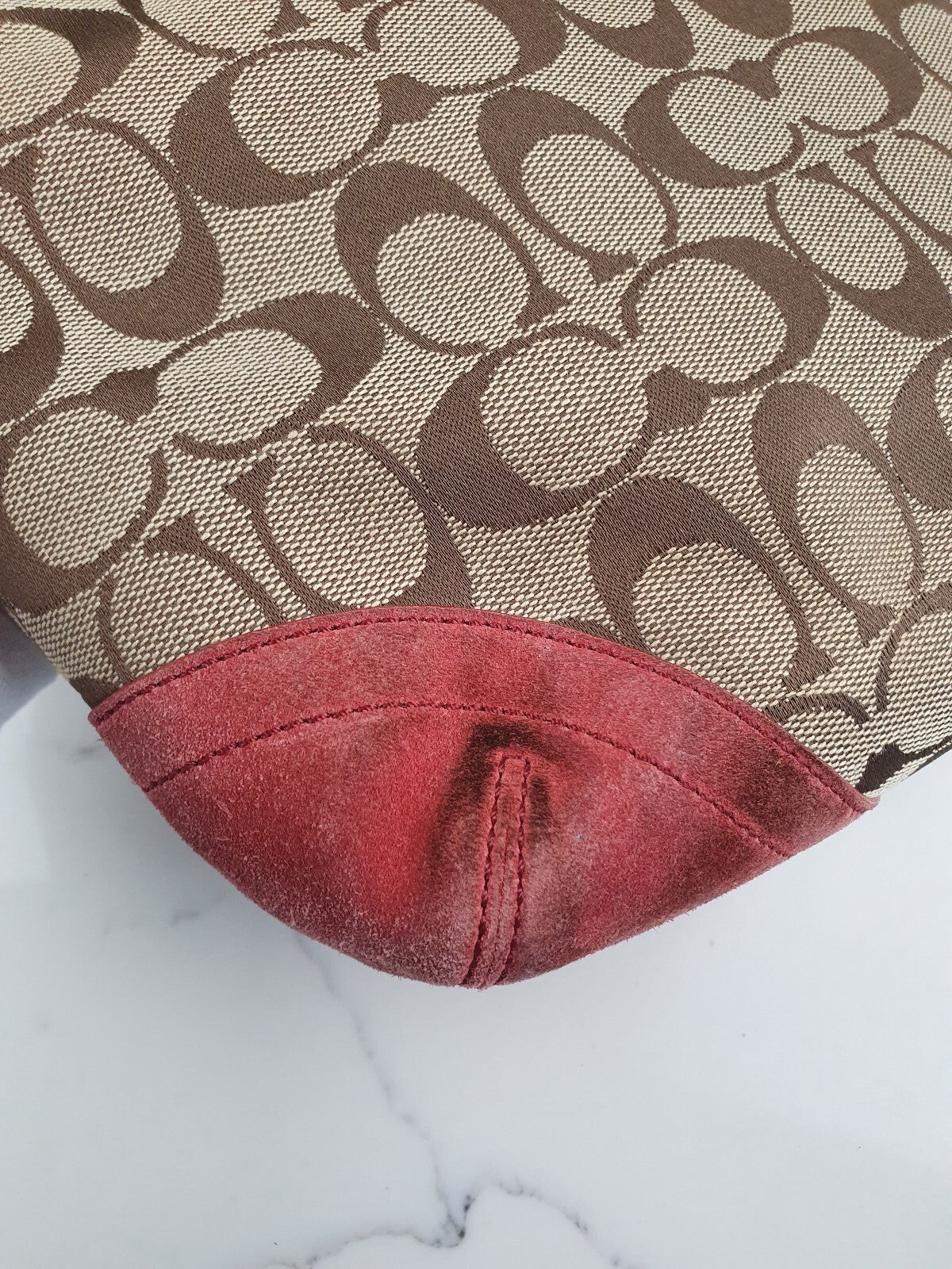 Coach Signature Canvas and Leather Shoulder Bag in Brown and Coral