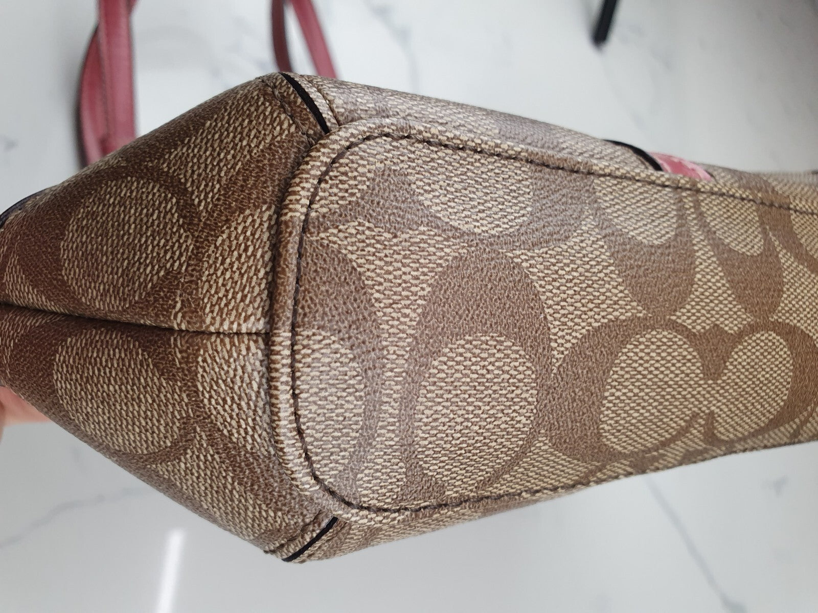 Coach Vintage Tote Bag with Signature Canvas and Pink Leather Trim