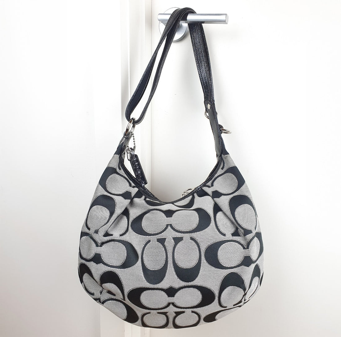 Coach Signature Black and Grey Hobo Shoulder Bag with Pink Interior