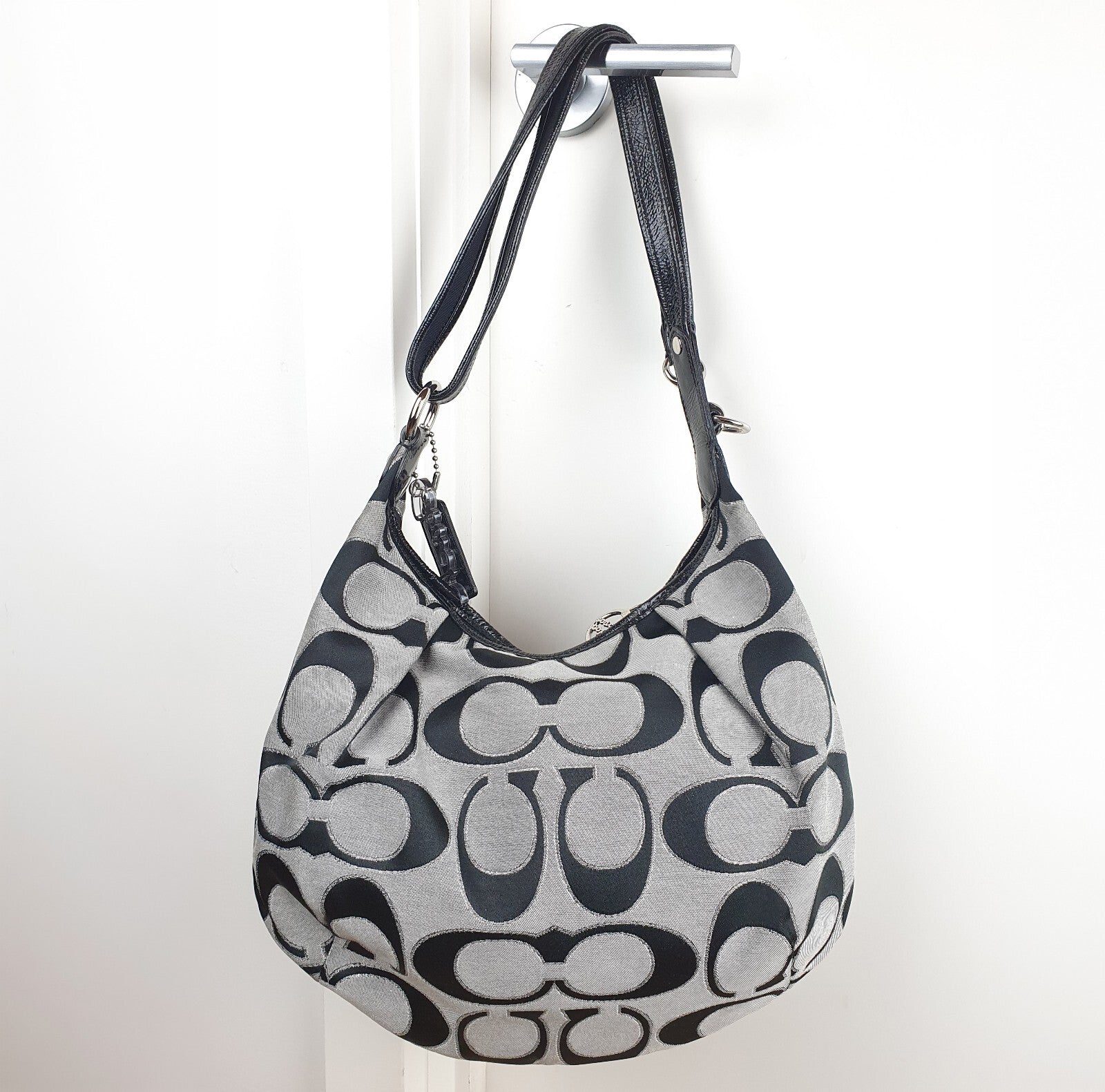 Coach Signature Black and Grey Hobo Shoulder Bag with Pink Interior