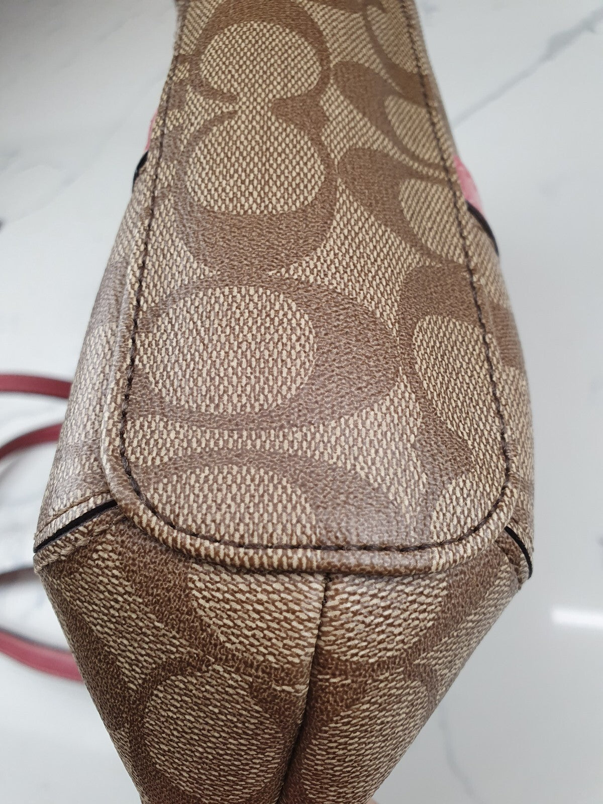 Coach Vintage Tote Bag with Signature Canvas and Pink Leather Trim