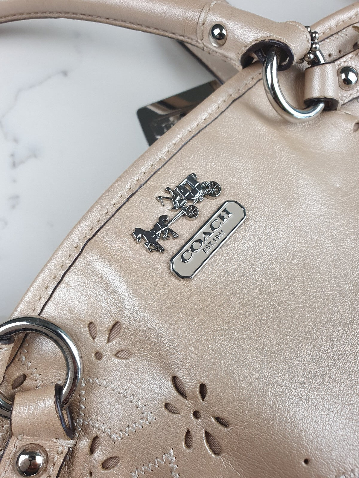 Coach Beige Leather Tote Bag with Floral Cutout Design