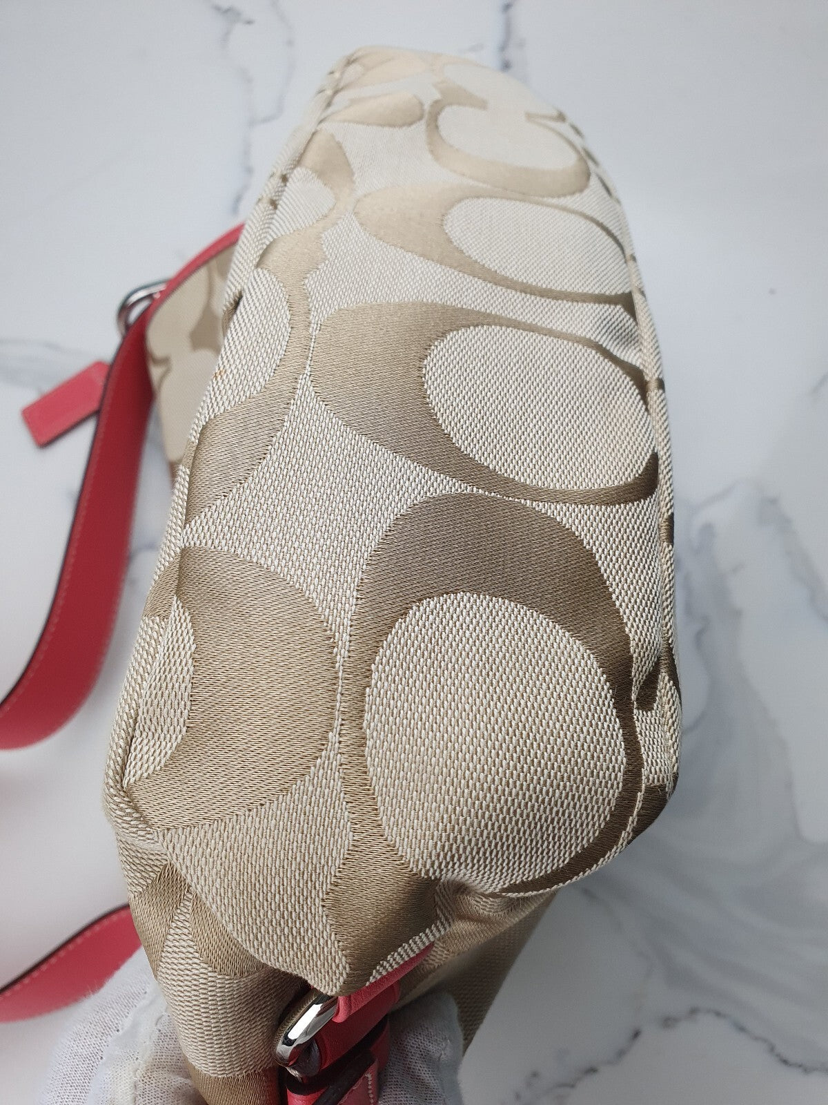 Coach Beige Signature Canvas Shoulder Bag with Pink Leather Trim