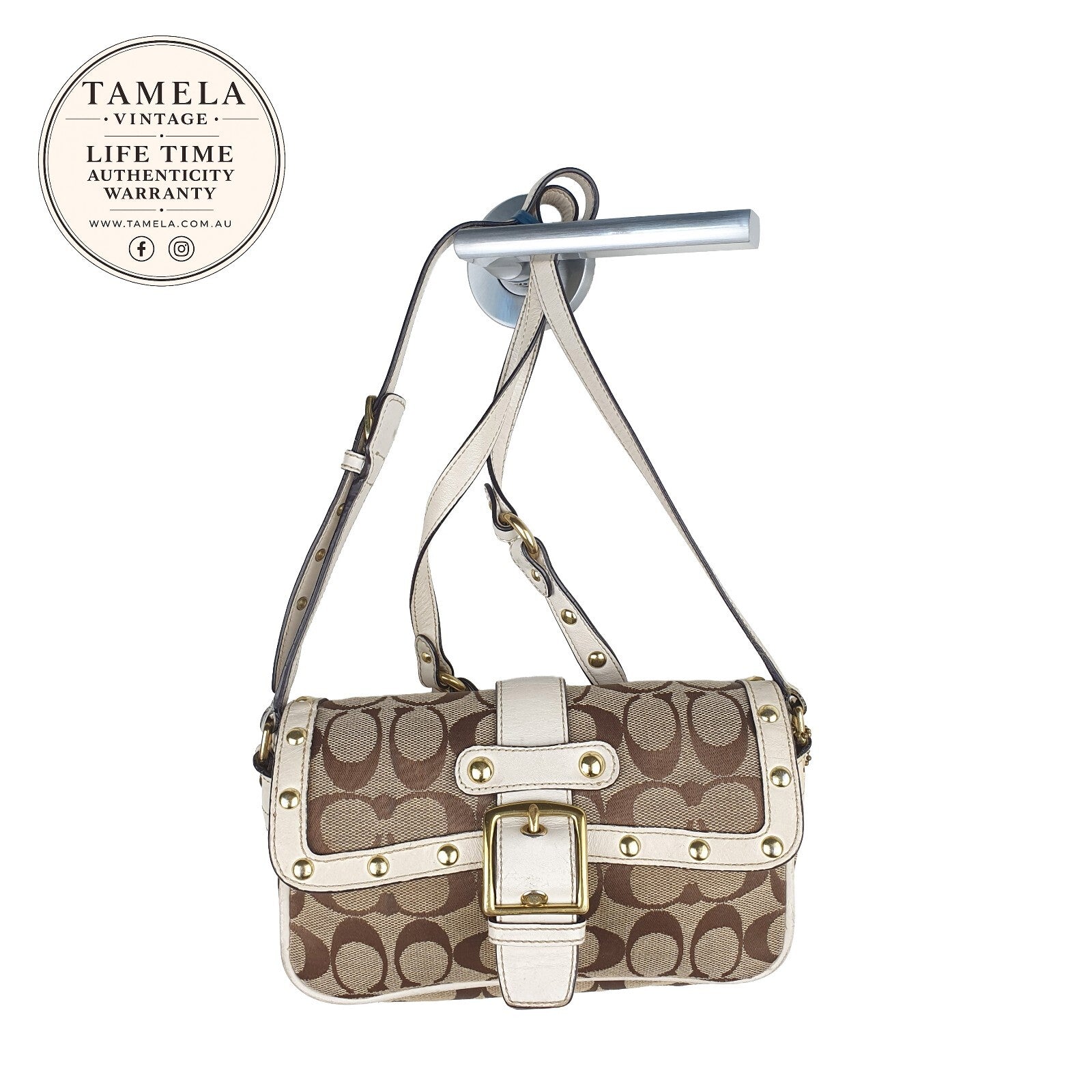 Coach Signature Canvas and Leather Shoulder Bag with Studded Detail