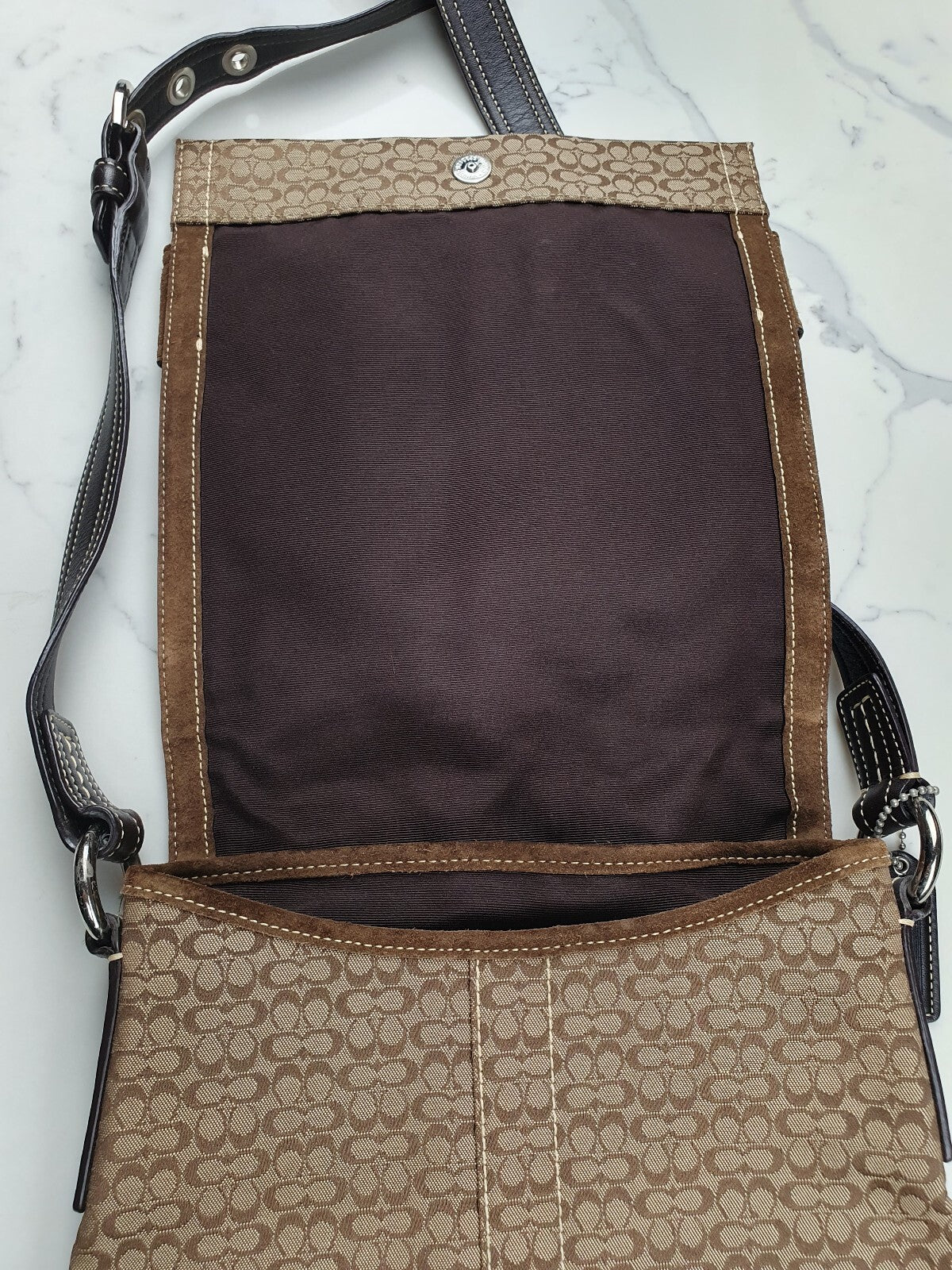 Coach Brown Signature Canvas Crossbody Bag with Suede Trim and Buckle Detail