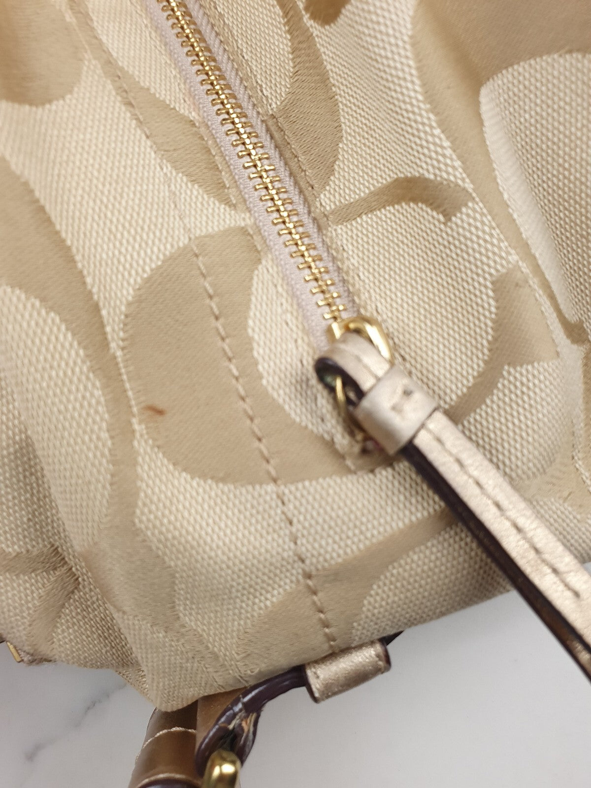Coach Beige Signature Canvas Shoulder Bag with Gold Leather Strap