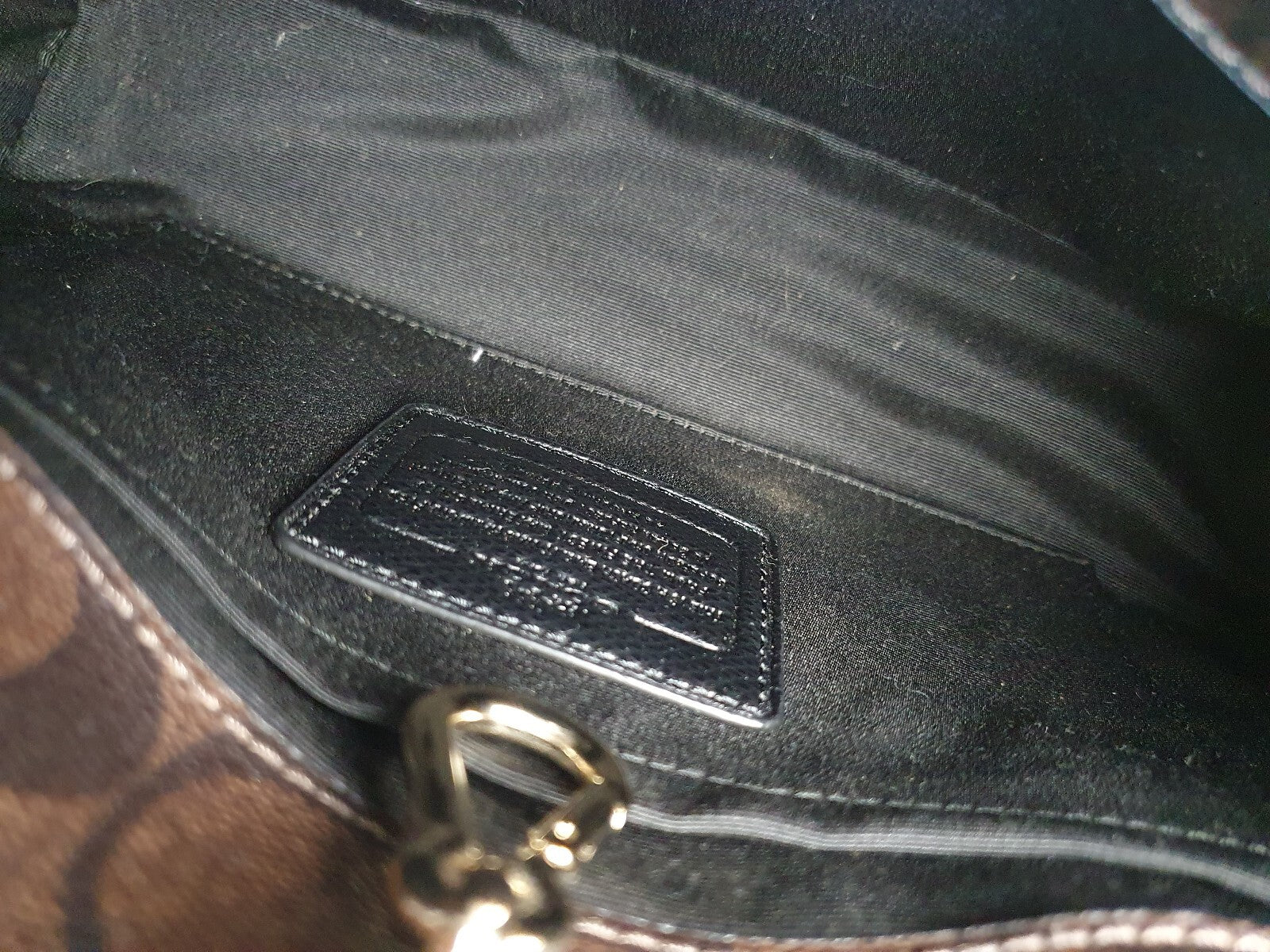 Coach Brown Signature Canvas Satchel Handbag with Black Leather Handles