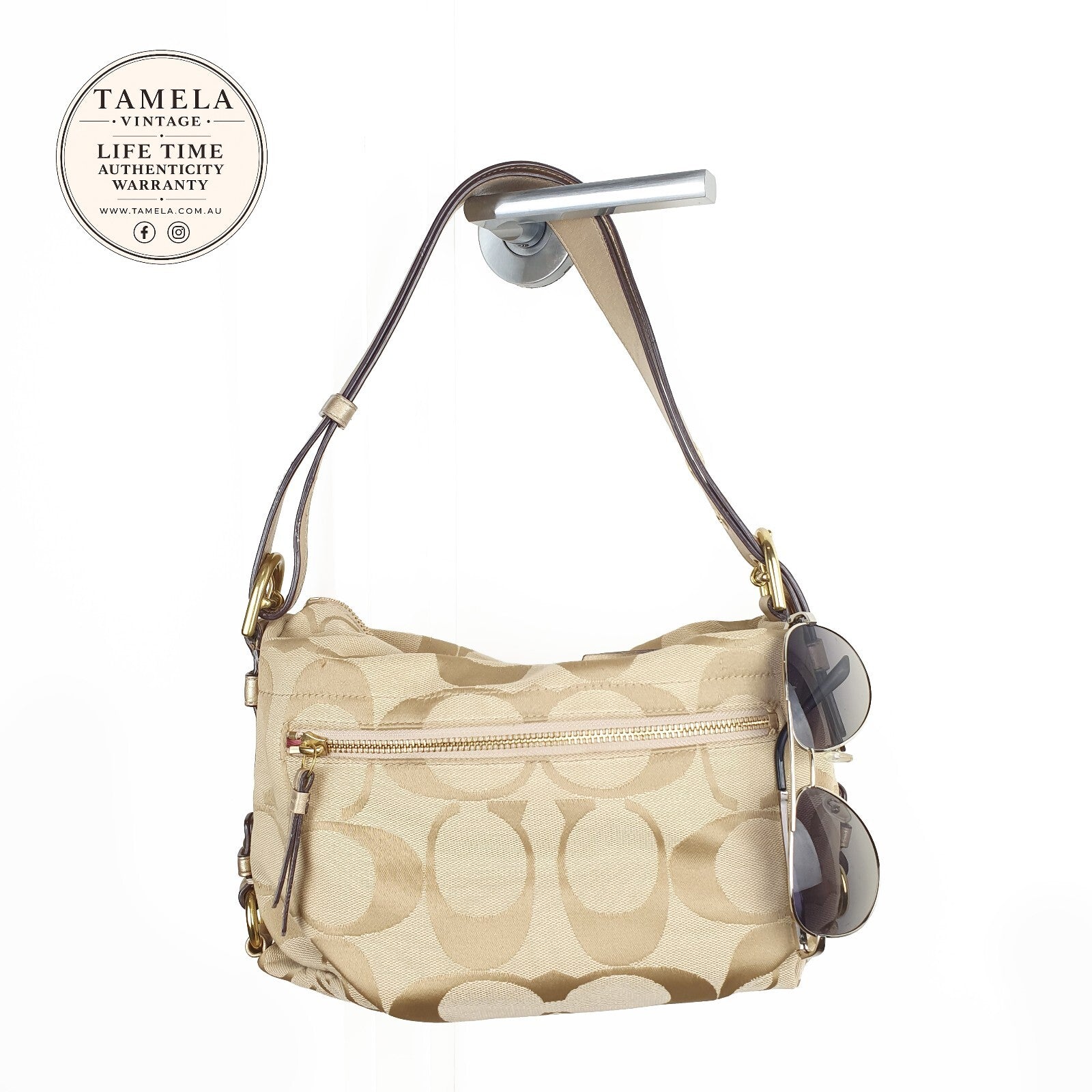 Coach Beige Signature Canvas Shoulder Bag with Gold Leather Strap