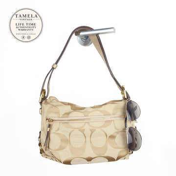 Coach Beige Signature Canvas Shoulder Bag with Gold Leather Strap