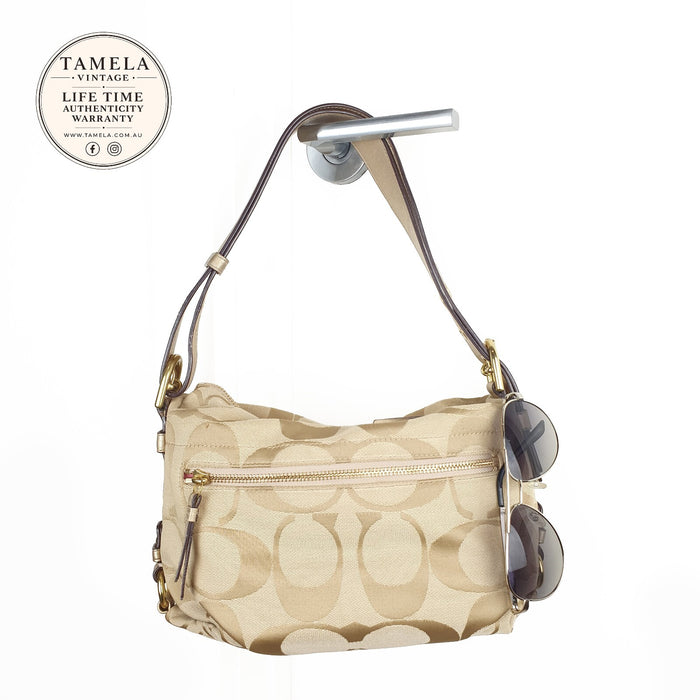 Coach Beige Signature Canvas Shoulder Bag with Gold Leather Strap