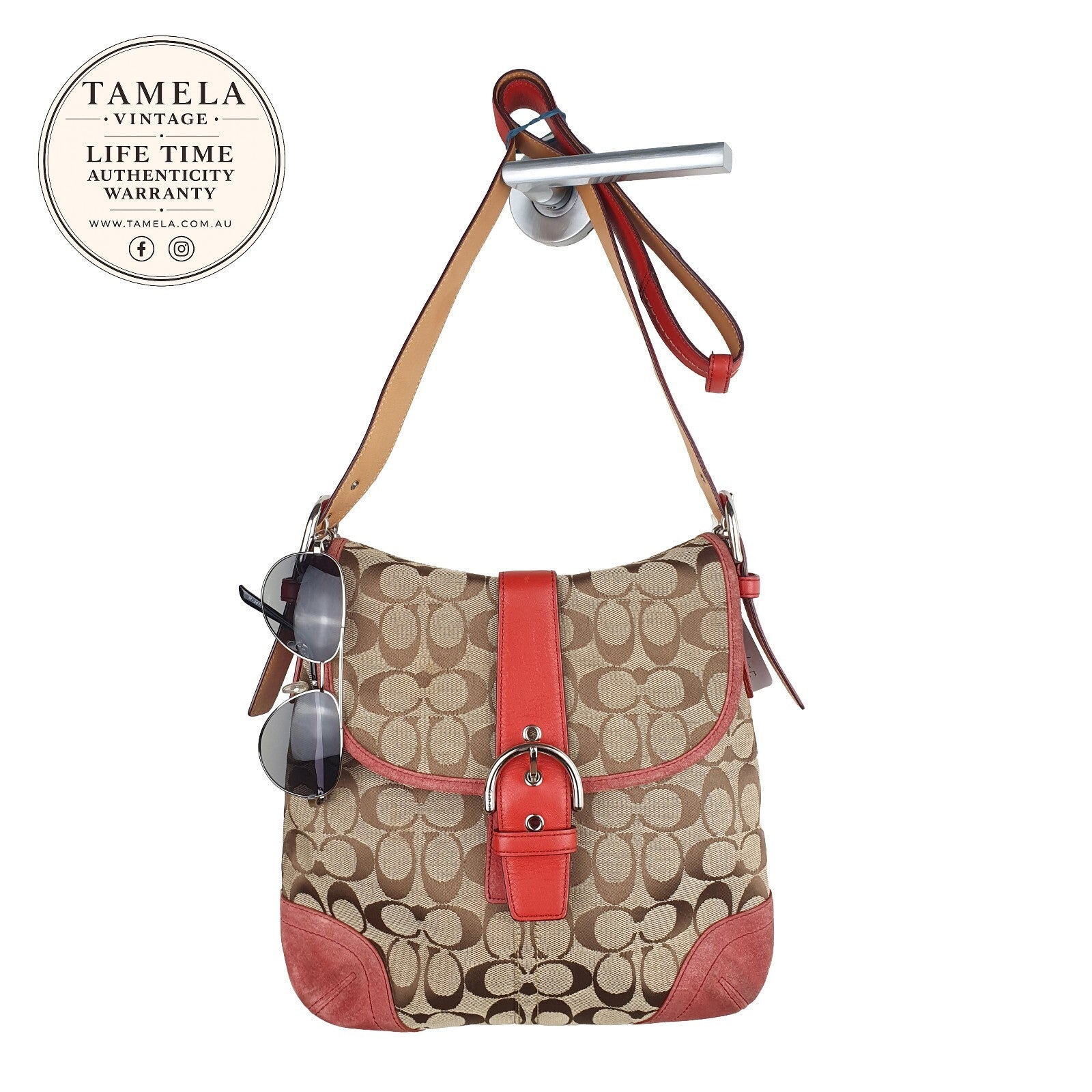 Coach Signature Canvas and Leather Shoulder Bag in Brown and Coral