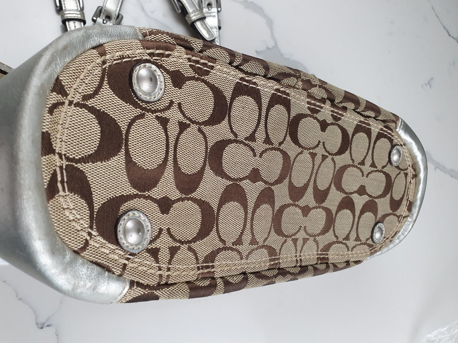 Coach Signature Canvas Tote Bag with Silver Leather Trim