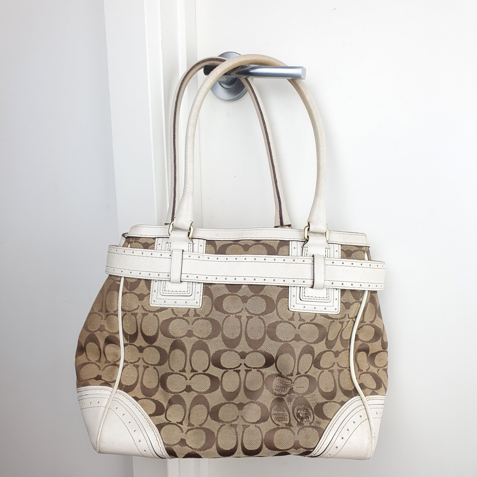 Coach Signature Canvas and Leather Tote Bag with Tassel Detail