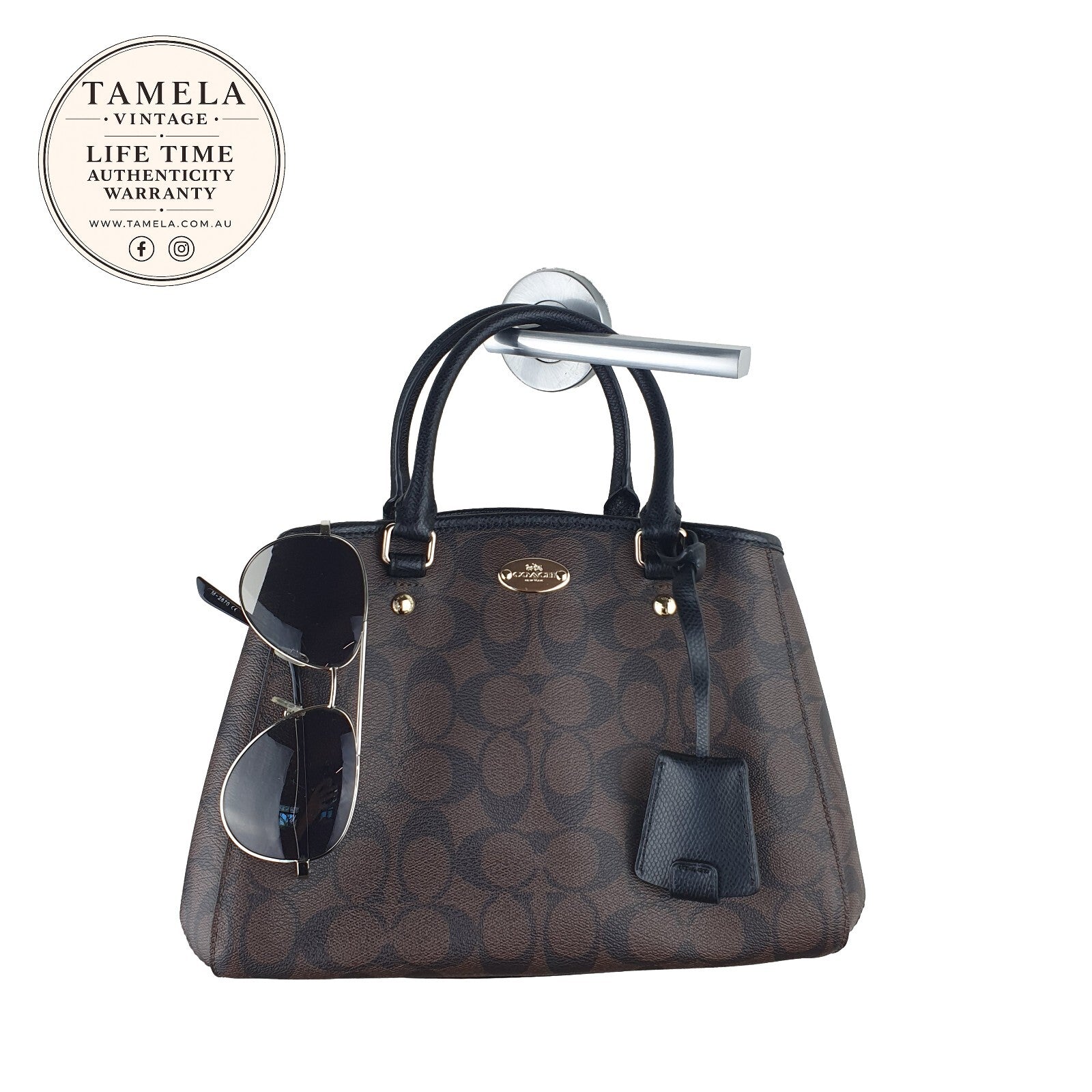 Coach Brown Signature Canvas Satchel Handbag with Black Leather Handles