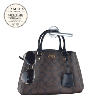 Coach Brown Signature Canvas Satchel Handbag with Black Leather Handles