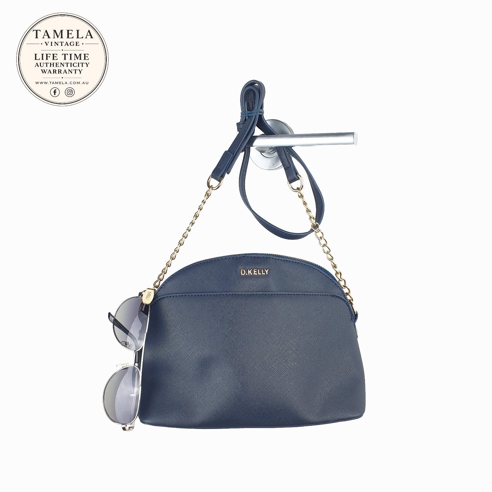 D.Kelly Navy Blue Crossbody Bag with Gold Chain Detail