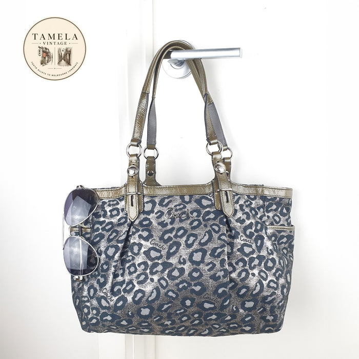 Coach Metallic Leopard Print Tote Bag with Olive Patent Leather Trim