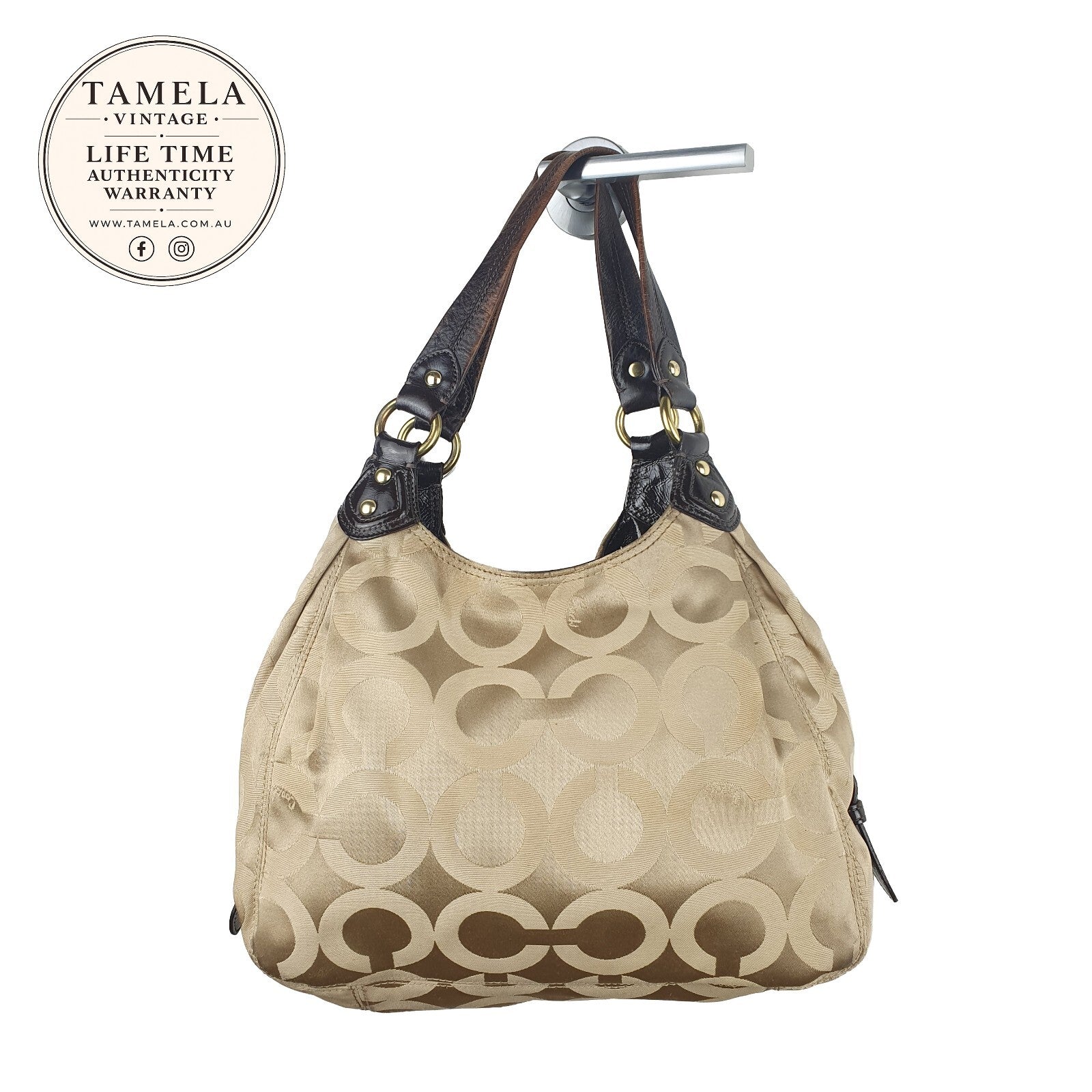 Coach Vintage Beige Signature Shoulder Bag with Brown Leather Handles