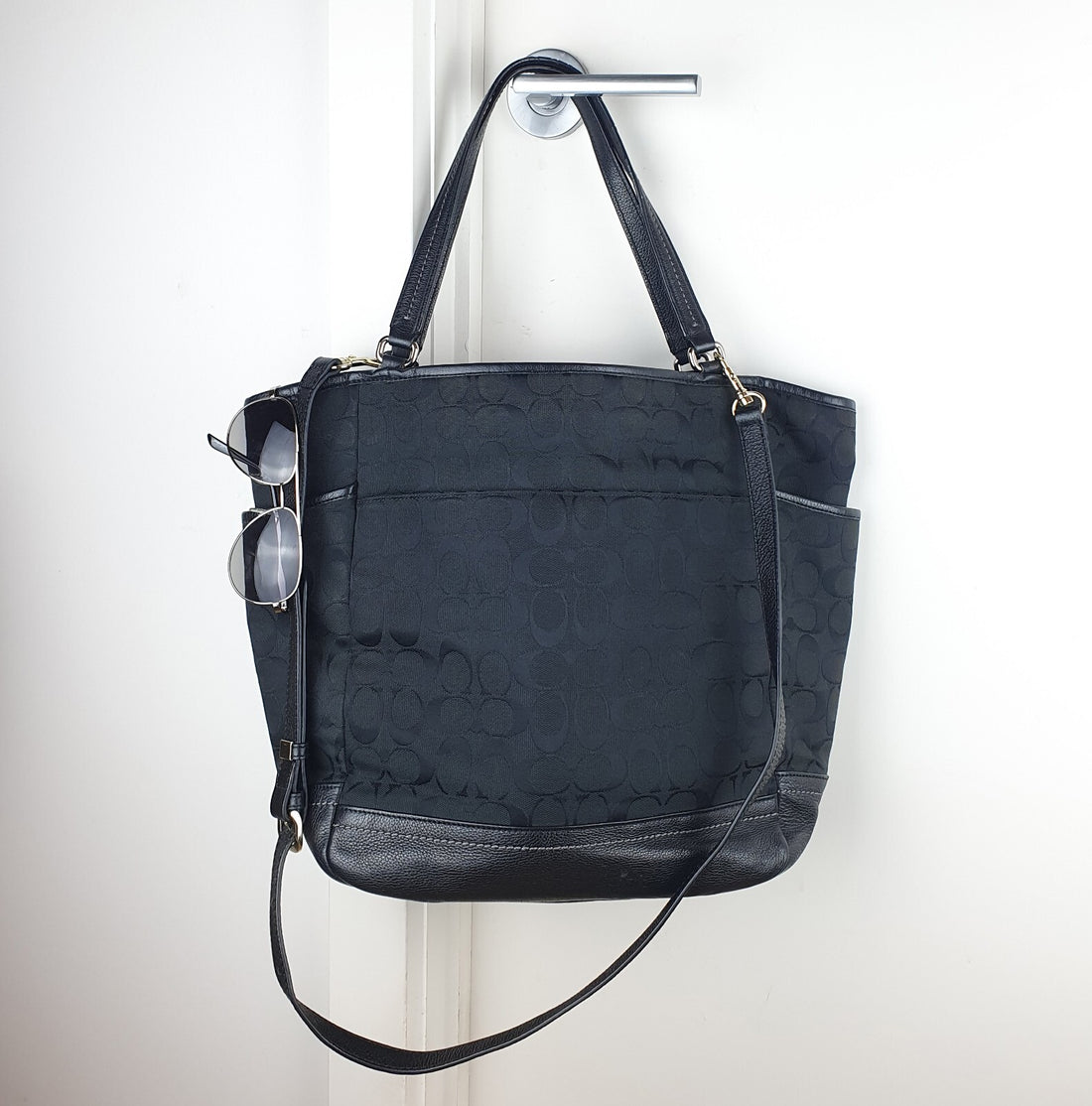 Coach Black Park Signature Canvas Carrie Tote Bag with Leather Trim