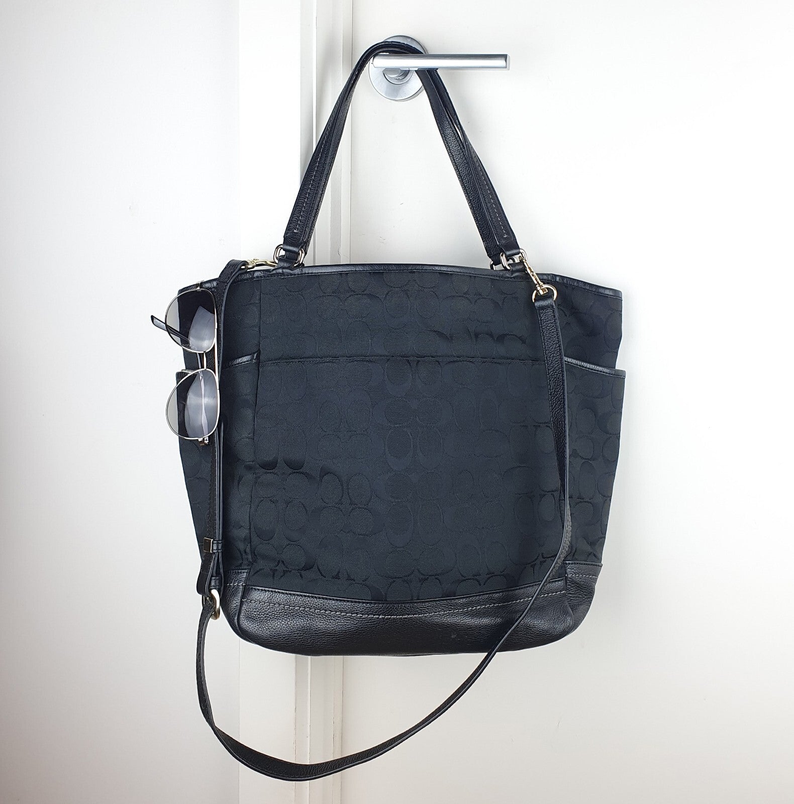Coach Black Park Signature Canvas Carrie Tote Bag with Leather Trim