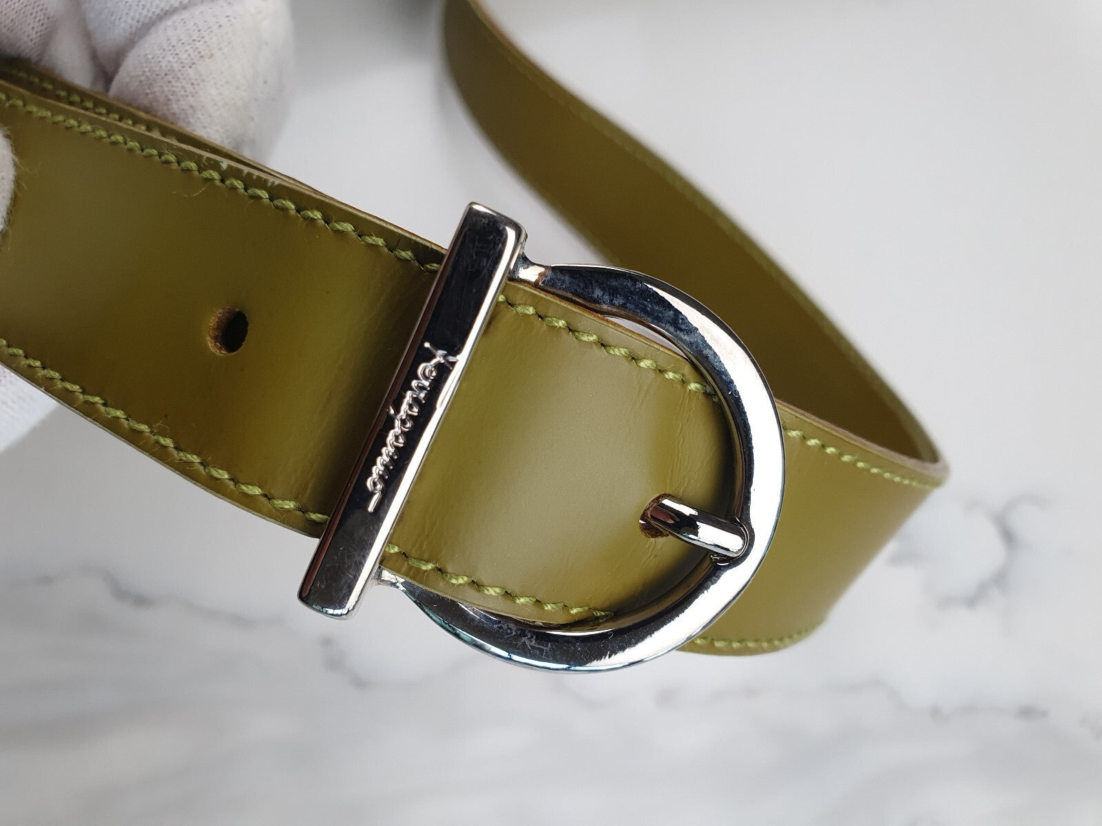 Salvatore Ferragamo Olive Green Leather Shoulder Bag with Adjustable Strap