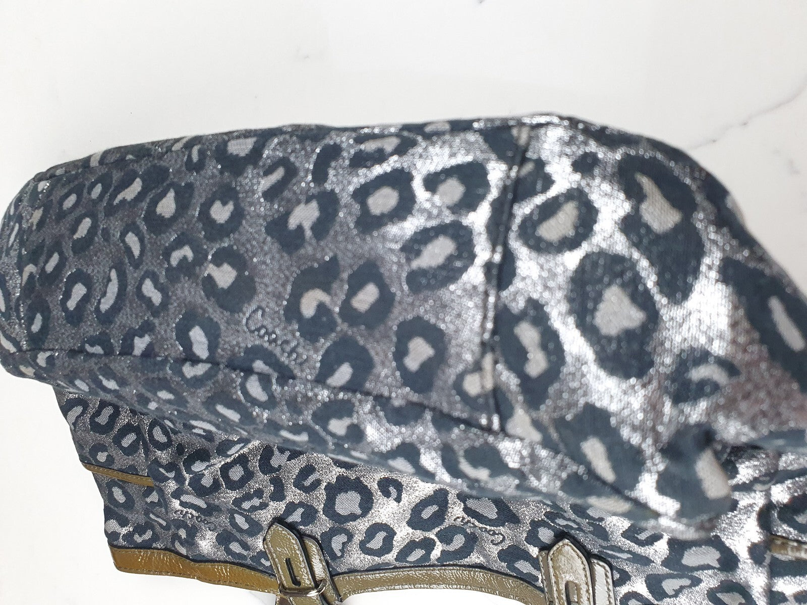 Coach Metallic Leopard Print Tote Bag with Olive Patent Leather Trim