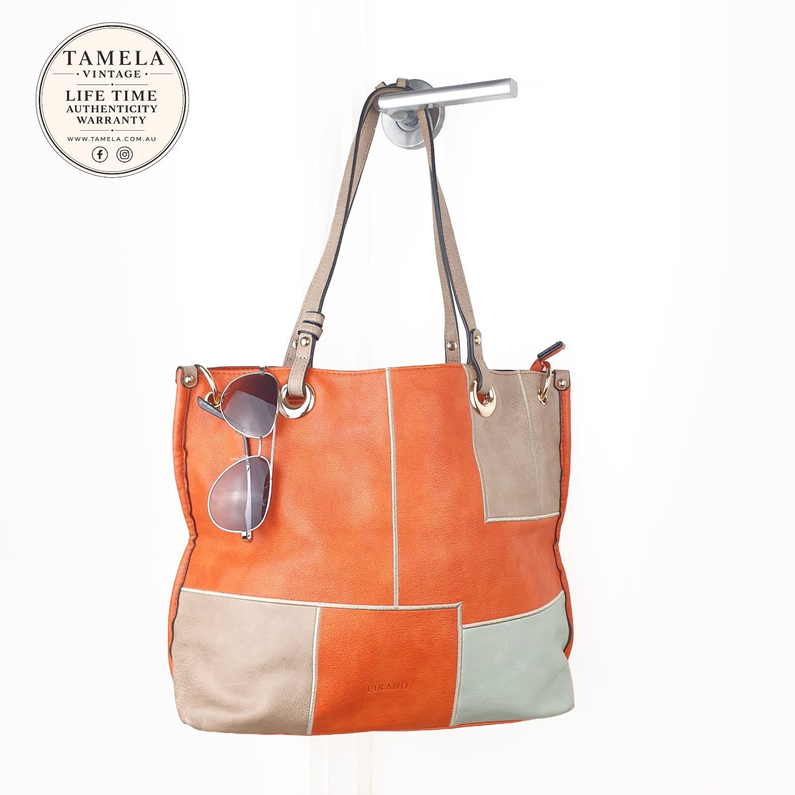 Firano Patchwork Leather Tote Bag in Orange, Beige and Mint