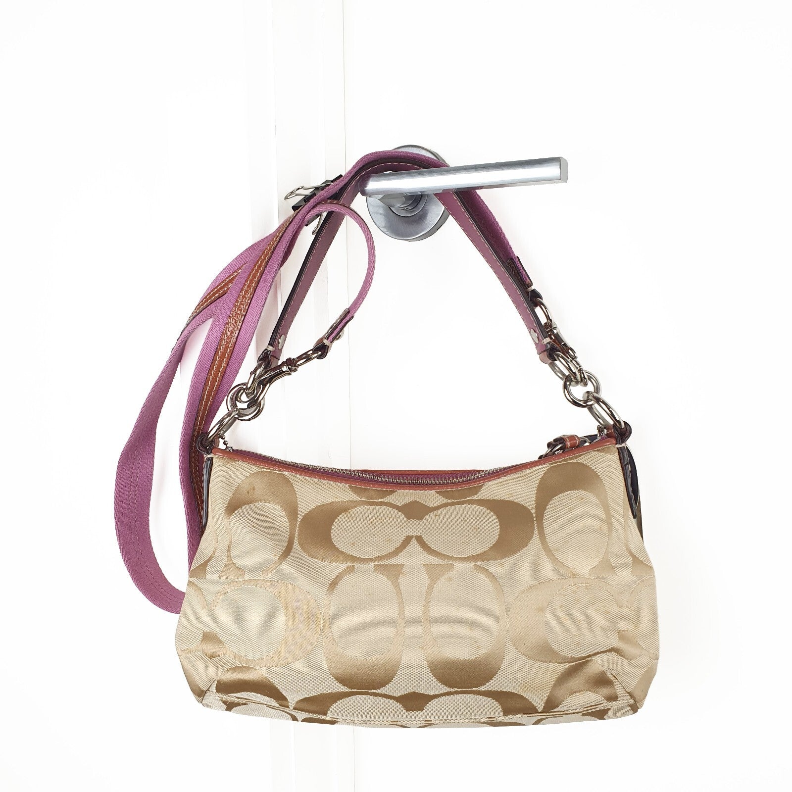 Coach Beige and Pink Signature Jacquard Crossbody Bag with Leather Trim