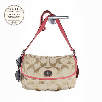 Coach Beige Signature Canvas Shoulder Bag with Pink Leather Trim