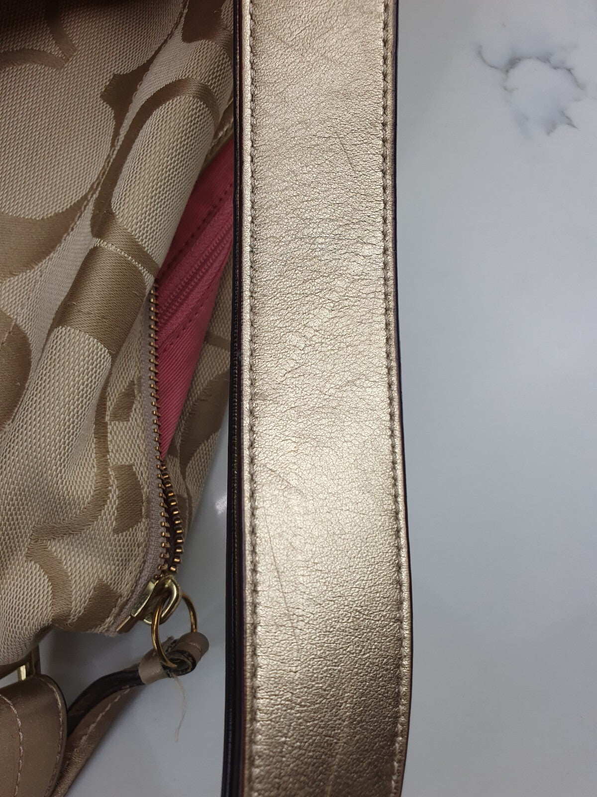 Coach Beige Signature Canvas Shoulder Bag with Gold Leather Strap