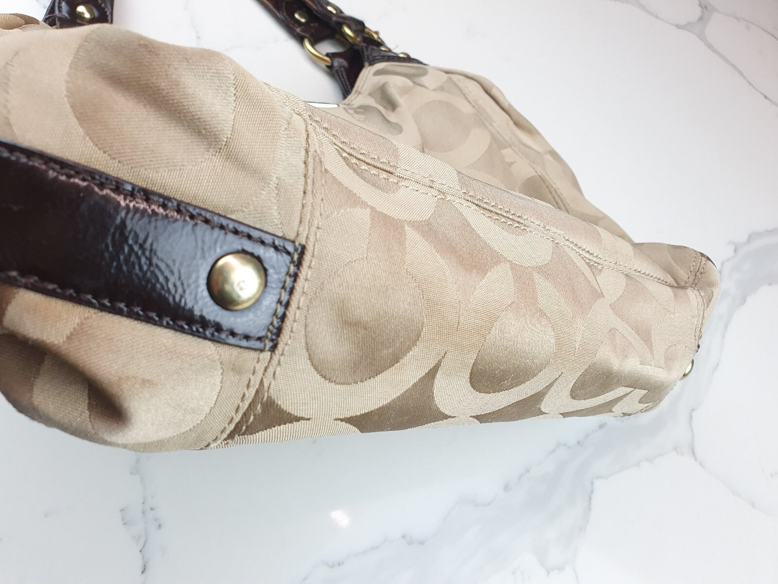 Coach Vintage Beige Signature Shoulder Bag with Brown Leather Handles