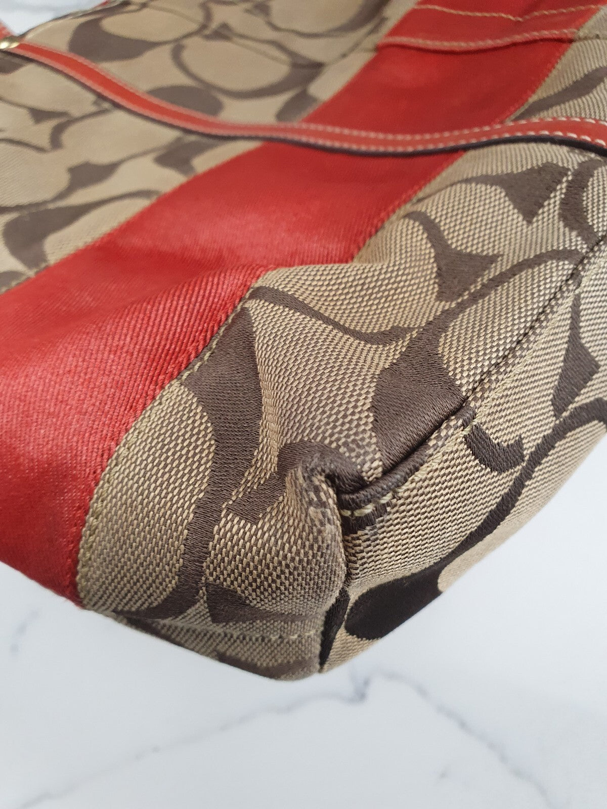 Coach Signature Canvas Tote Bag with Red Leather Trim