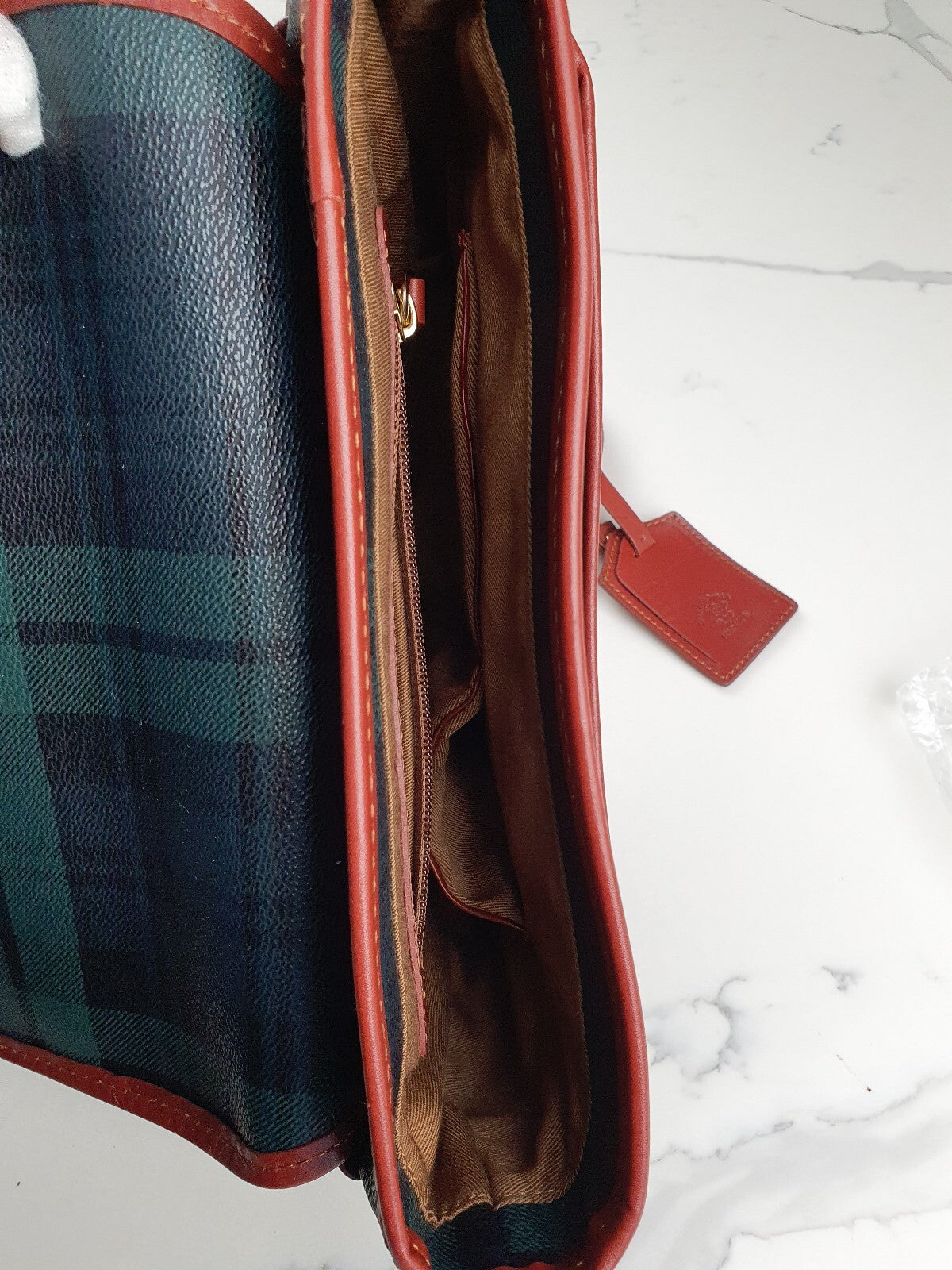 Beverly Hills Polo Club Vintage Green and Navy Tartan Crossbody Bag with Brown T