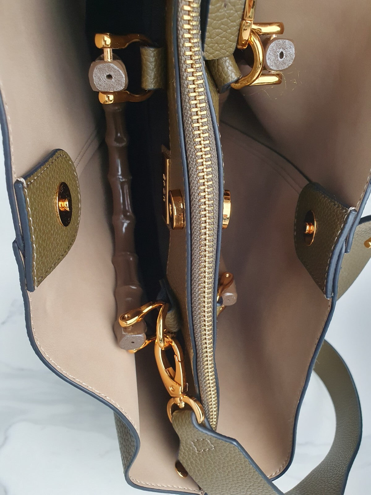 EPOR Textured Vegan Leather Handbag with Bamboo Handles and Adjustable Strap