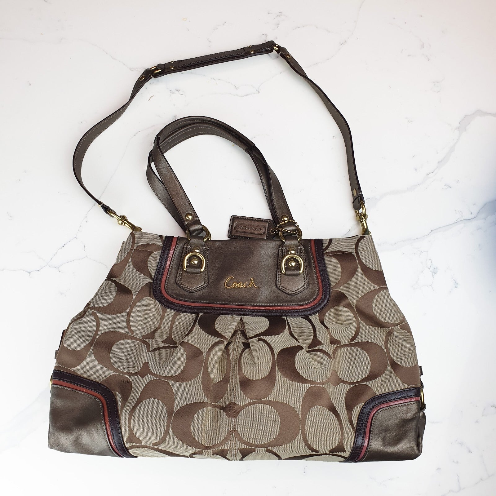 Authentic Ultra Rare Coach Ashley Khaki Rose Multi Signature Satchel Metallic