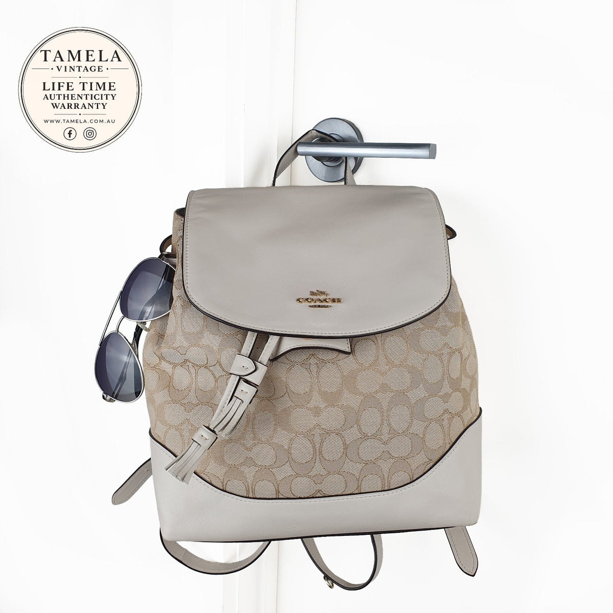 Coach Signature Canvas and Leather Backpack in Beige and White