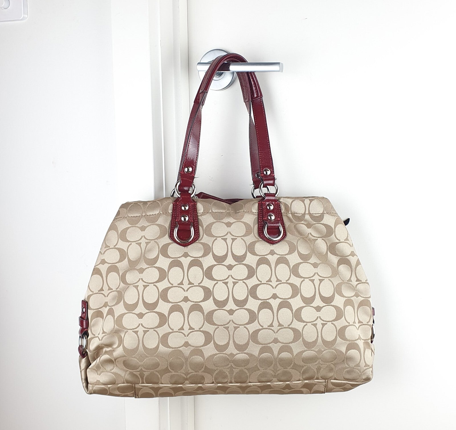 Coach Signature Canvas Tote Bag with Burgundy Patent Leather Trim