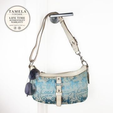 Coach Vintage Blue Canvas and White Leather Shoulder Bag