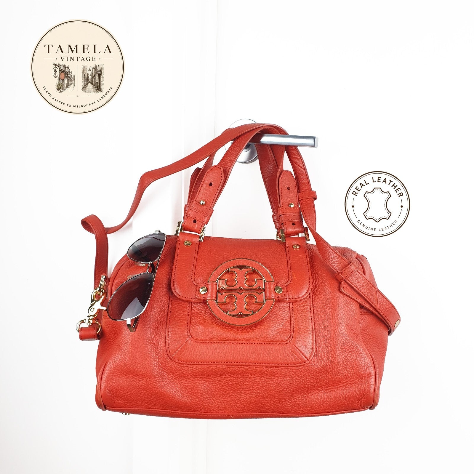 Tory Burch Orange Leather Satchel Bag with Gold Hardware