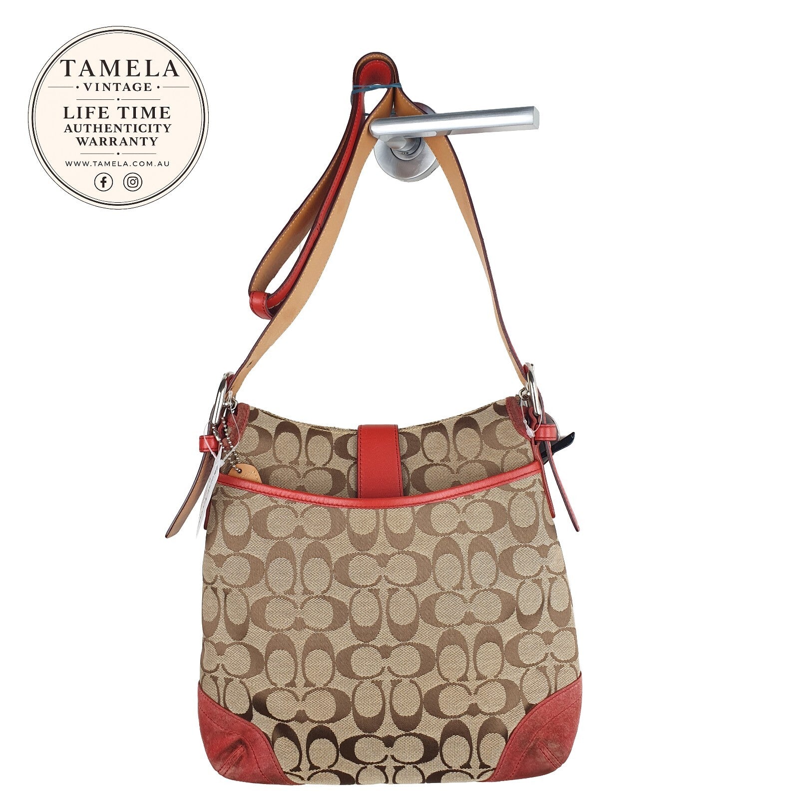 Coach Signature Canvas and Leather Shoulder Bag in Brown and Coral