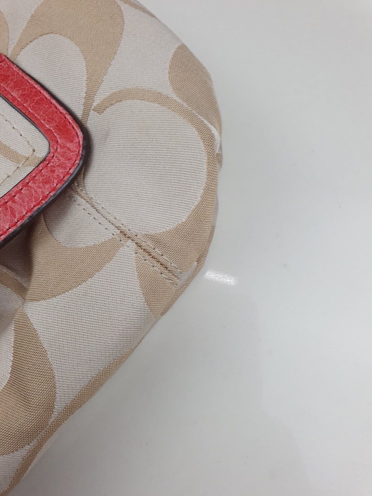 Coach Beige Signature Canvas Shoulder Bag with Coral Leather Trim