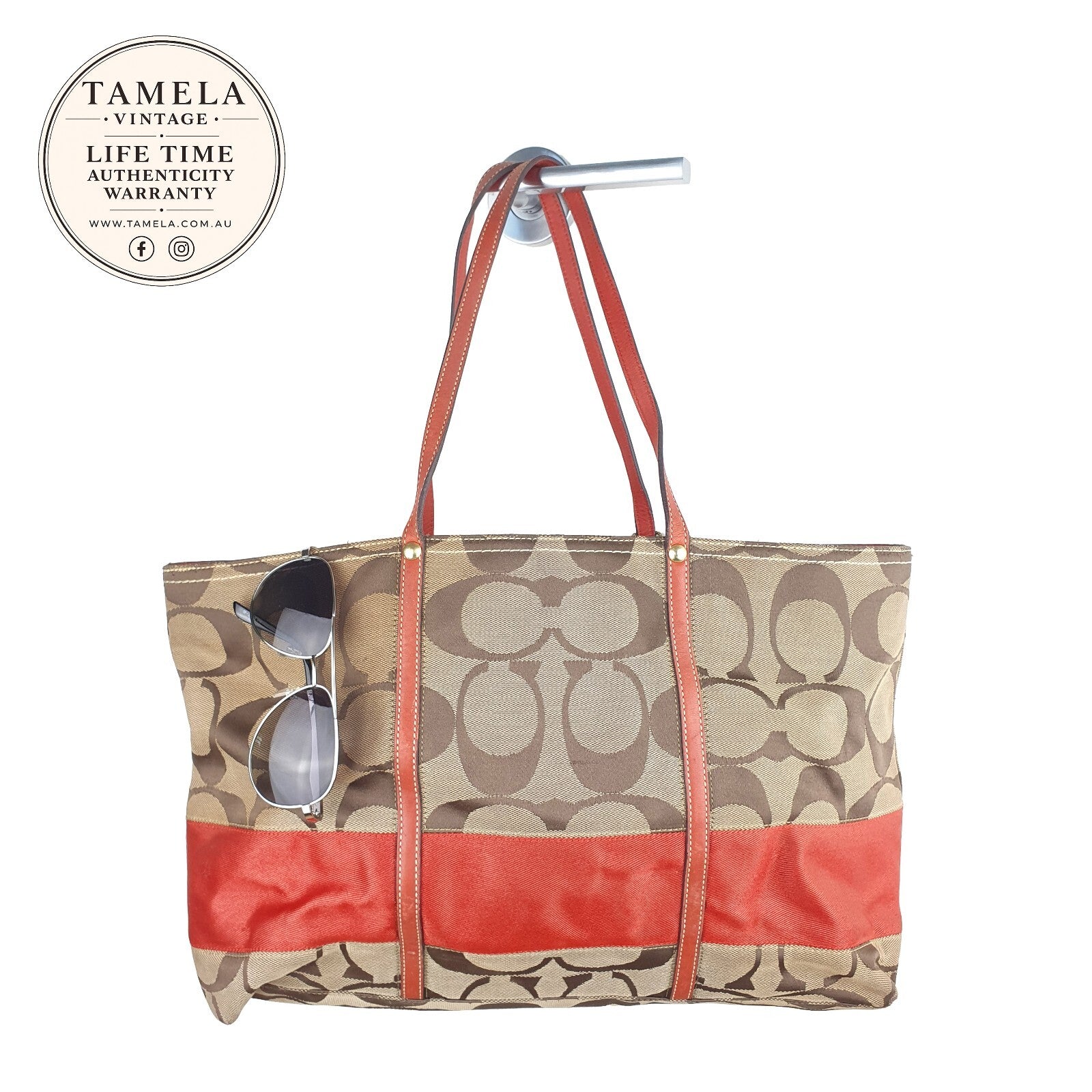 Coach Signature Canvas Tote Bag with Red Leather Trim